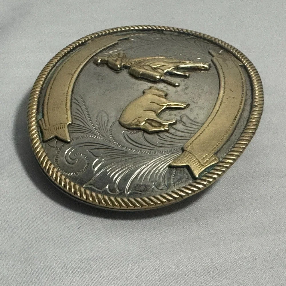 Vintage German Silver Cutting Horse working Steer Belt Buckle‎ No Engraving